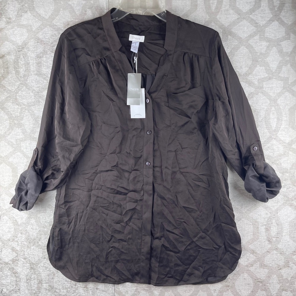 Chico's Simple Ease Delisa Top Women Size 1 Medium Brown NWT Roll Tab Sleeve